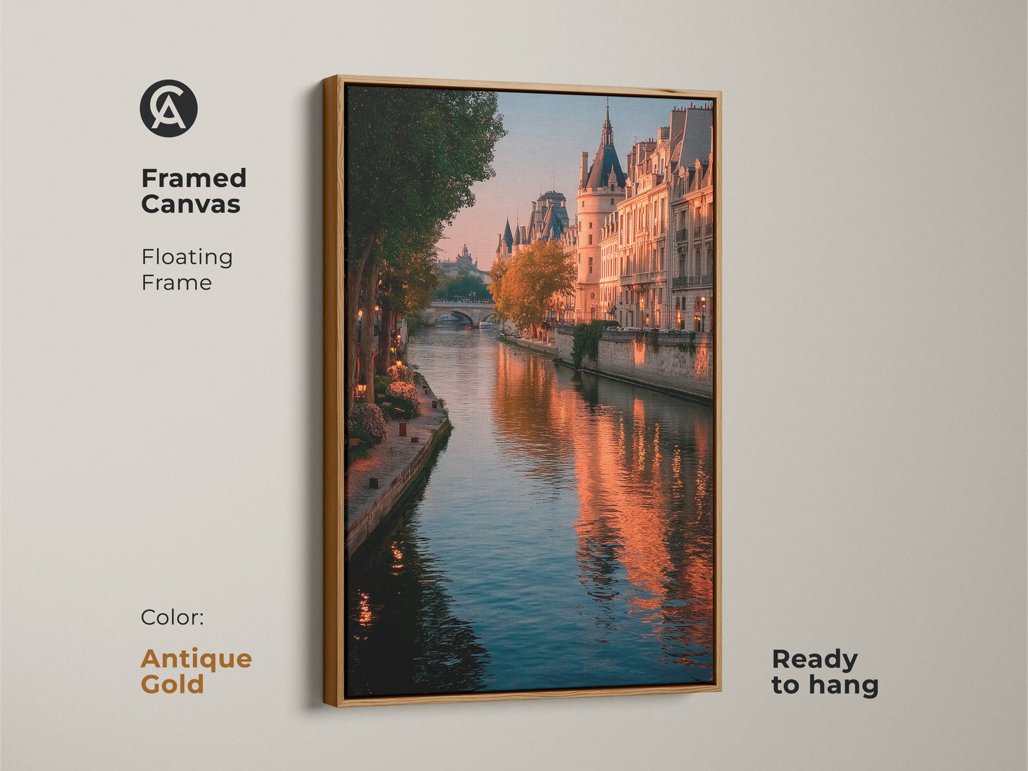 Framed canvas art showcasing a Parisian cityscape. The antique gold floating frame accents the Seine River photography. The golden hour beautifully lights Parisian buildings. Ready to hang this brings contemporary art to your home. Ideal for lovers of European architecture it is wall art.