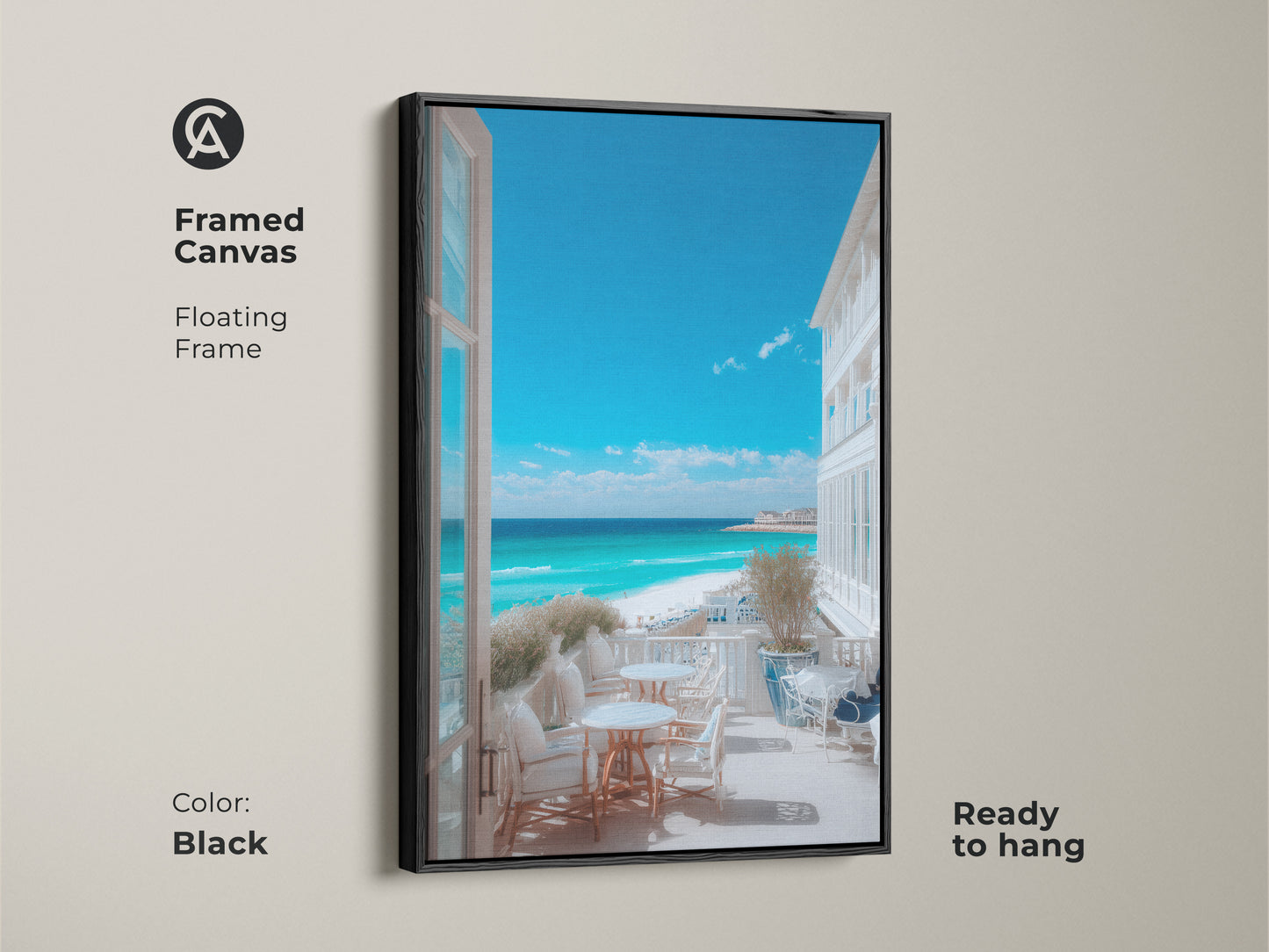 Framed canvas art with a black floating frame featuring a balcony beach view. Ready to hang and adds elegance to any room. Perfect for lovers of coastal artwork and serene landscapes.