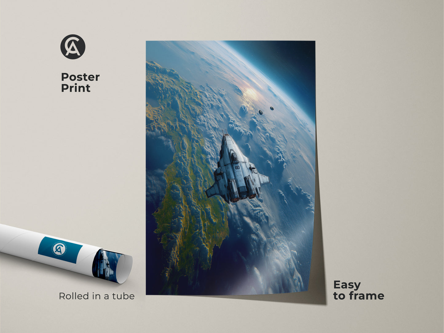 Sci-fi digital art print of a futuristic spaceship soaring above Earth is rolled in a tube. This space exploration artwork is easy to frame. The poster showcases blue and white tones. An astronomy inspired art print perfect for any sci-fi enthusiast. Great as outer space artwork.