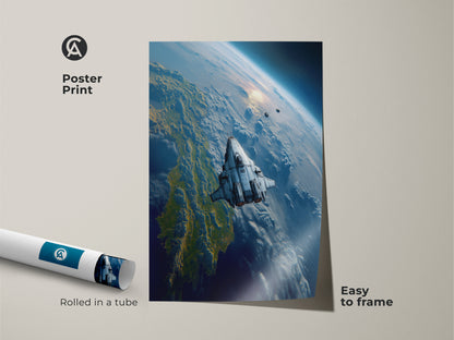 Sci-fi digital art print of a futuristic spaceship soaring above Earth is rolled in a tube. This space exploration artwork is easy to frame. The poster showcases blue and white tones. An astronomy inspired art print perfect for any sci-fi enthusiast. Great as outer space artwork.