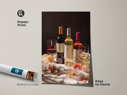 Photorealistic wine print on museum-quality paper. The poster print features bottles and glasses in deep red cream and gold. Easy to frame. A sophisticated food and drink still life. Enhances modern dining wall art. Ideal housewarming gift decor for wine aficionados.