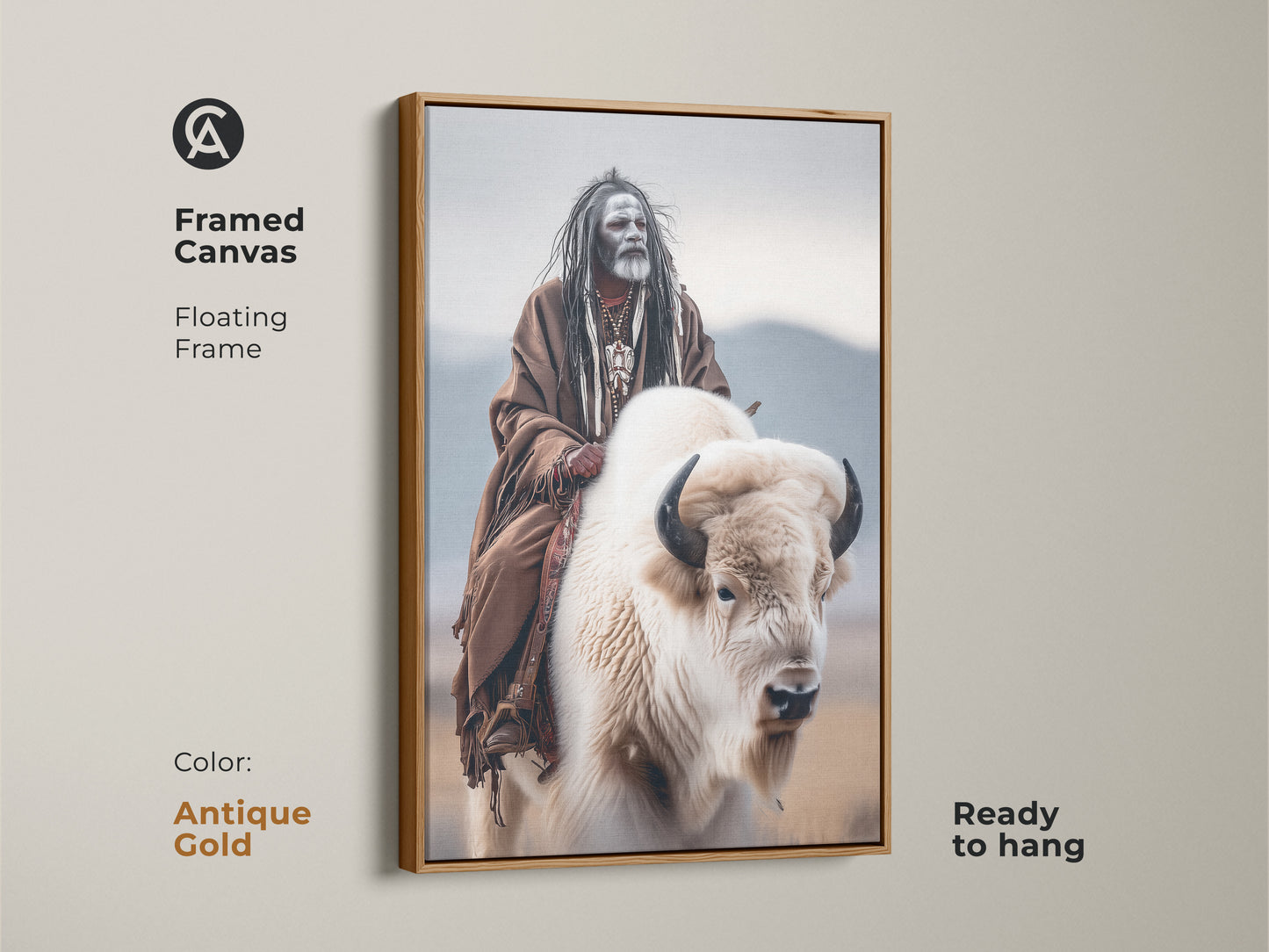 Framed canvas art featuring a Native American man riding a white buffalo. The floating frame is antique gold. This ready-to-hang artwork showcases indigenous culture. Perfect for adding a touch of heritage to your home decor. Discover unique Native American art.