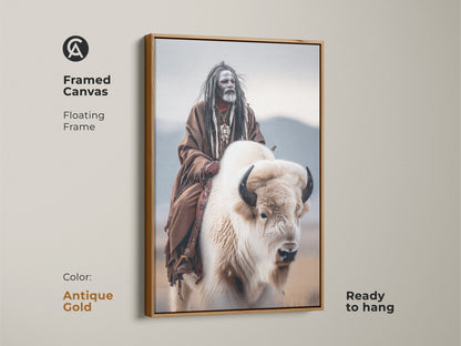 Framed canvas art featuring a Native American man riding a white buffalo. The floating frame is antique gold. This ready-to-hang artwork showcases indigenous culture. Perfect for adding a touch of heritage to your home decor. Discover unique Native American art.