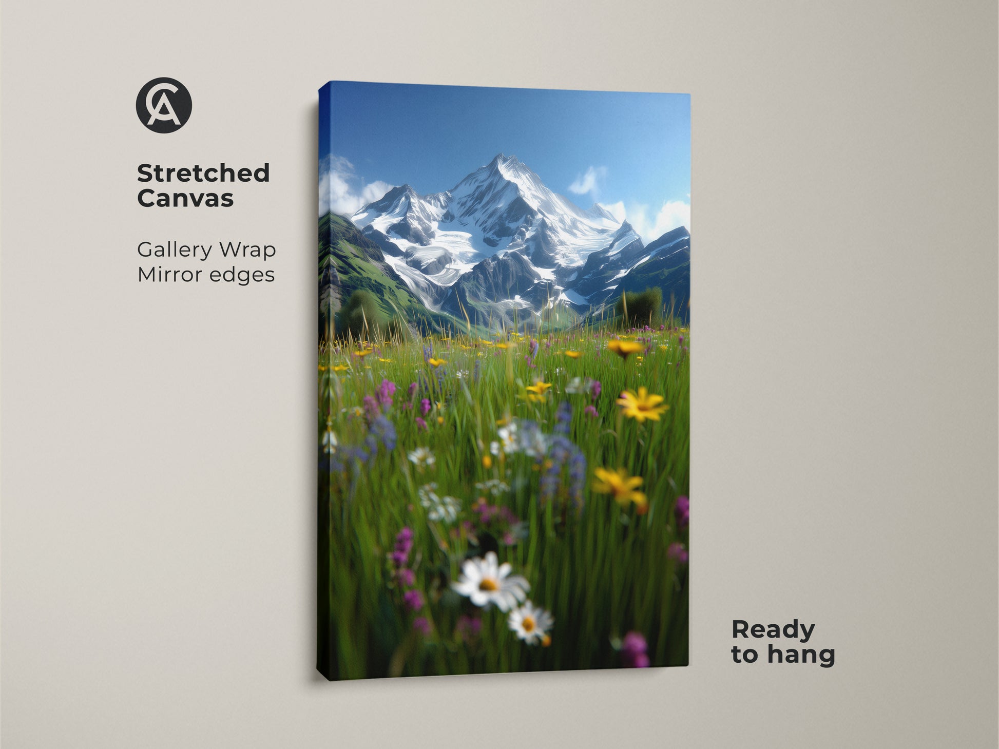 Stretched canvas print features an alpine meadow. The scenic wall art has snow-capped mountains. Gallery wrapped with mirrored edges this piece is ready to hang. An impressionistic landscape brings nature indoors. Perfect rustic home decor for bedroom or living room.