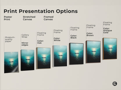 Explore print presentation options for a seascape canvas print featuring a man in a rowboat. Choose from poster print stretched canvas or framed canvas. Each option enhances this minimalist nature artwork. Perfect for coastal home decor.