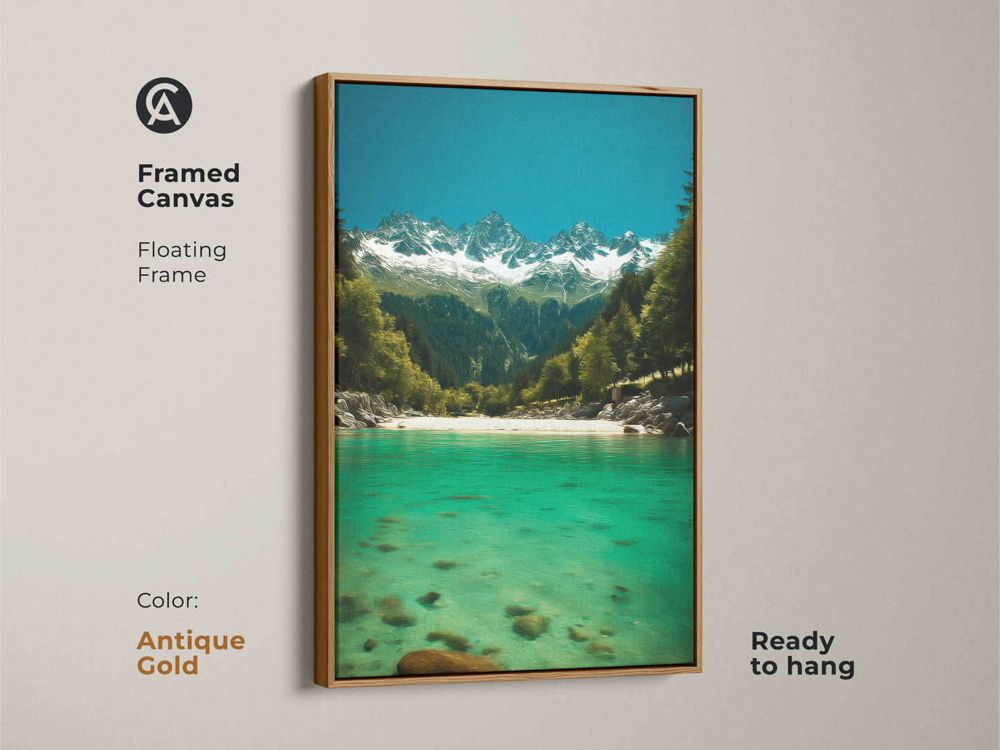 Antique gold framed canvas featuring an emerald river flowing towards snow-capped mountains. Deep blue sky nature wall art is ready to hang. Impressionistic pine forest artwork adds a touch of natural beauty to any modern home. Complements interior styles.