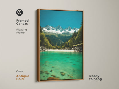 Antique gold framed canvas featuring an emerald river flowing towards snow-capped mountains. Deep blue sky nature wall art is ready to hang. Impressionistic pine forest artwork adds a touch of natural beauty to any modern home. Complements interior styles.