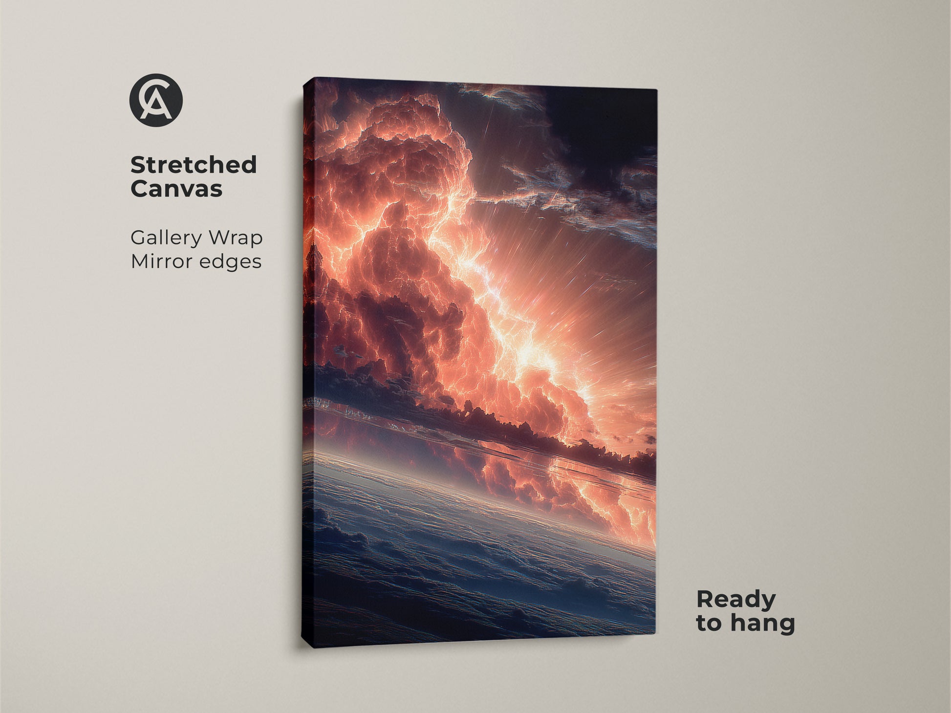Dramatic sky artwork printed on a stretched canvas. The gallery wrap and mirror edges give it a modern look. The fiery clouds and horizon create a captivating image. Ready to hang and enjoy in your home or office. A great piece for any art lover.