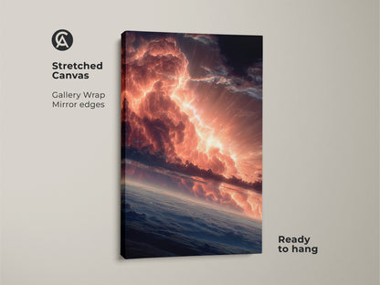 Dramatic sky artwork printed on a stretched canvas. The gallery wrap and mirror edges give it a modern look. The fiery clouds and horizon create a captivating image. Ready to hang and enjoy in your home or office. A great piece for any art lover.