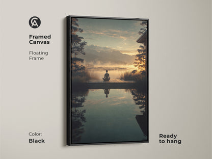 Framed Canvas of a Zen Mountain Landscape in a black floating frame. This yoga meditation wall art brings spiritual nature to your home. The yoga pose silhouette and calming colors create a peaceful space. Ready to hang for instant mindful decor.