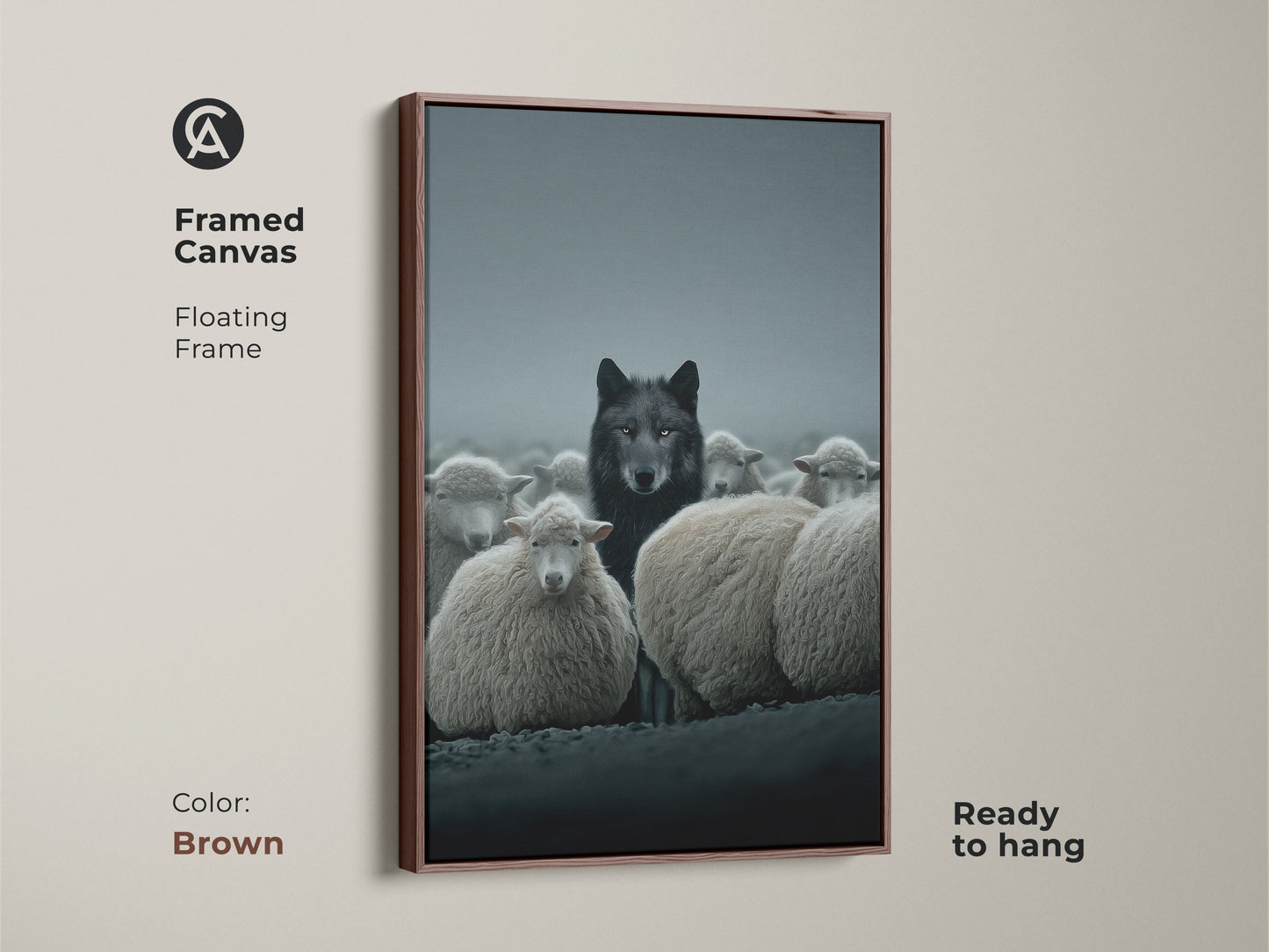 Brown framed canvas print of a wolf among sheep. This nature scene wall art brings a gothic aesthetic to your home. A unique gift for animal lovers and eclectic decor.