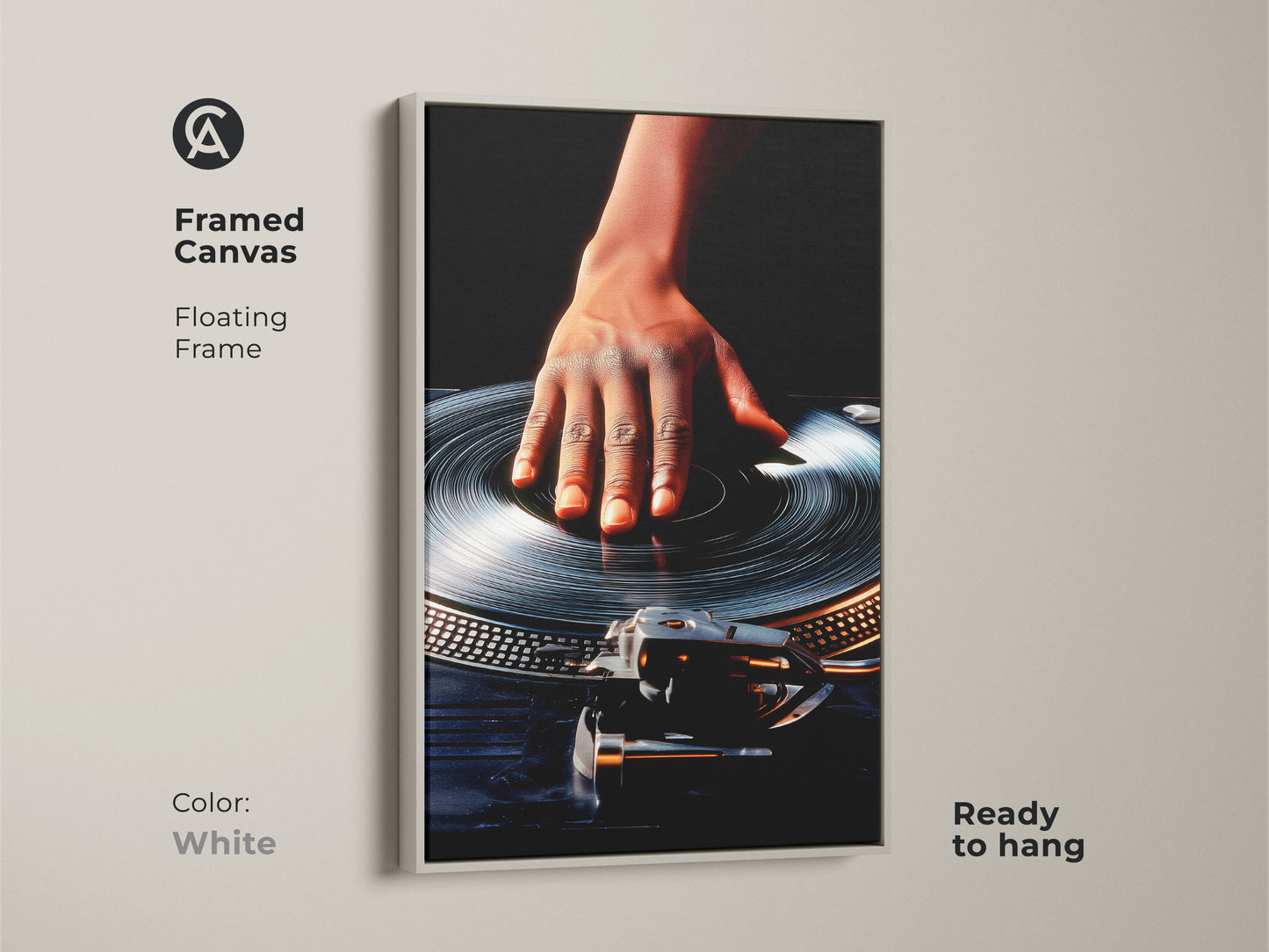 White framed canvas shows hand on turntable art. Floating frame adds a modern touch this canvas is ready to hang. Ideal for an office music studio or workplace. The retro DJ artwork uses an orange and black color scheme. A great gift for music lovers and those in DJ culture.