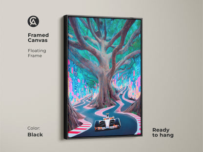 This Framed Canvas features Cyberpunk Formula 1 art. The neon city racing canvas showcases an electric blue tree road print. This futuristic F1 wall art is a surreal nature racing decor. It's ready to hang with a sleek black floating frame.