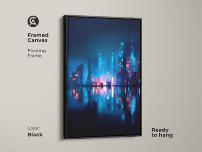 Framed canvas art with a floating frame in black. Showcases a neon cityscape reflecting on water. Ready to hang this artwork is a modern statement piece. Perfect for adding urban flair to your walls.