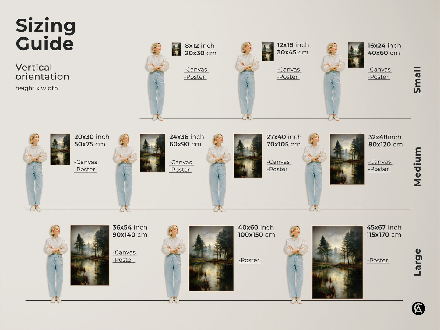 Sizing guide showcasing the misty pine forest lake artwork in vertical orientation. Available in small medium and large sizes. Options include canvas and poster prints. Select the perfect fit for your space with this rustic landscape artwork.