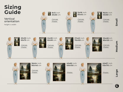 Sizing guide showcasing the misty pine forest lake artwork in vertical orientation. Available in small medium and large sizes. Options include canvas and poster prints. Select the perfect fit for your space with this rustic landscape artwork.