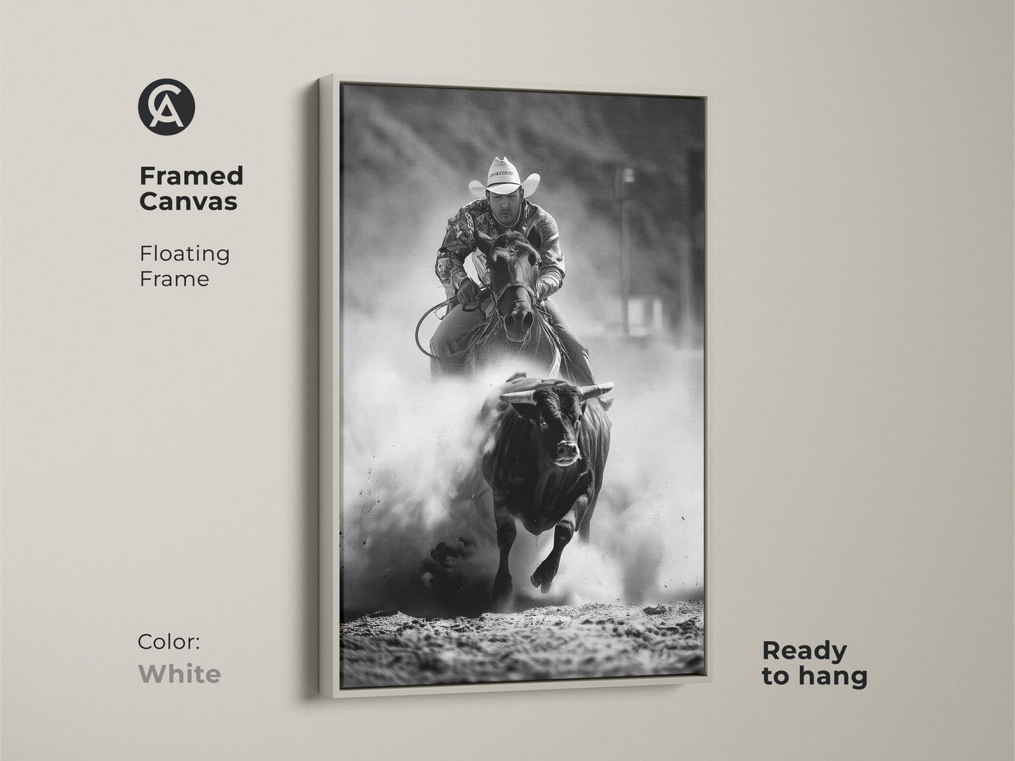 White framed canvas with floating frame featuring black and white rodeo art. This bull riding canvas print showcases western cowboy wall art. A rustic ranch art print is ready to hang. Ideal action sports photography for man cave rodeo decor.