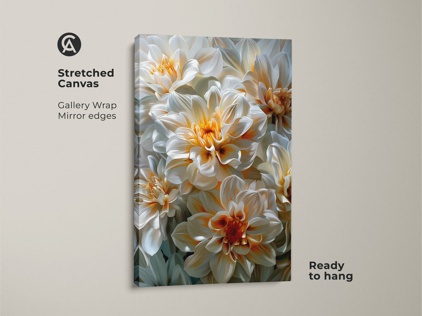 Gallery wrapped canvas art print showcasing white and orange dahlia flowers. The canvas has mirrored edges and is ready to hang. This floral canvas art brings a fresh botanical feel to your home decor. The artwork will look great in any room.