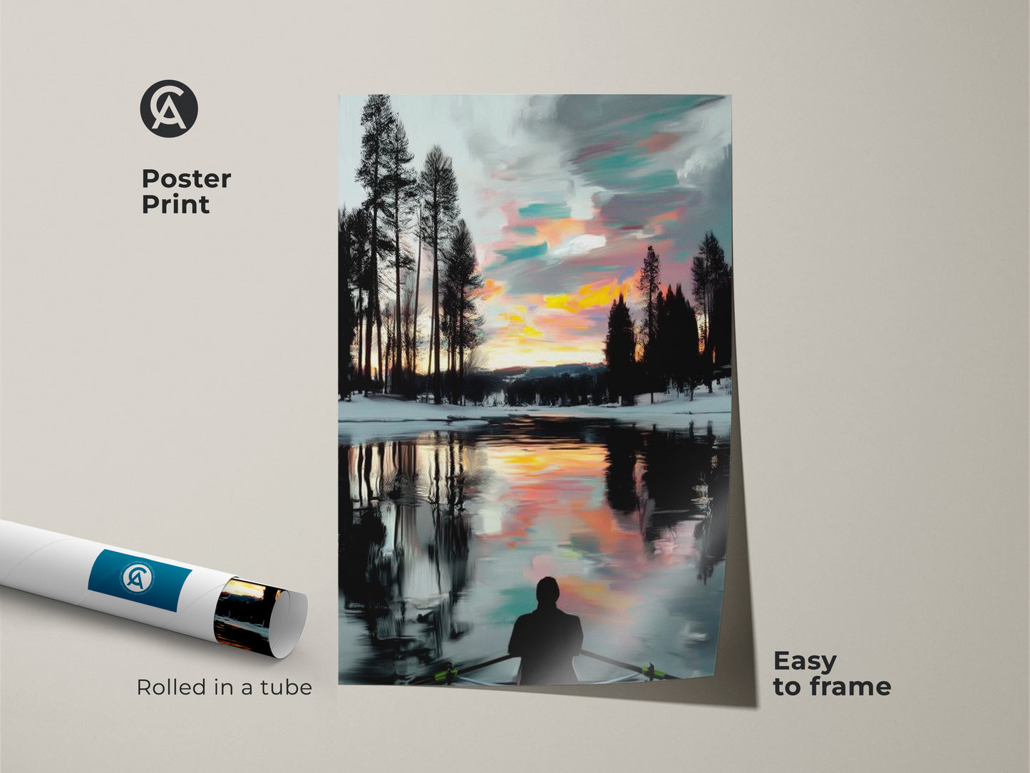 This poster print showcases a rowboat navigating winter waters at sunset. The tranquil scene is easy to frame. It features impressionist landscape artwork with teal and orange colors. It would be ideal for an outdoor adventurer gift.
