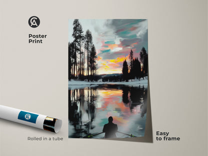 This poster print showcases a rowboat navigating winter waters at sunset. The tranquil scene is easy to frame. It features impressionist landscape artwork with teal and orange colors. It would be ideal for an outdoor adventurer gift.