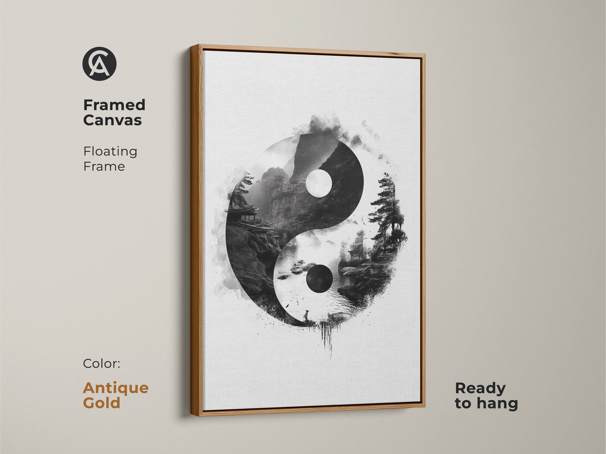 Antique Gold framed canvas art featuring Yin Yang artwork. Zen landscape print with pagoda in ink wash style creates balanced energy. This ready to hang meditation gift is minimalist.