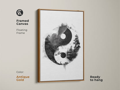 Antique Gold framed canvas art featuring Yin Yang artwork. Zen landscape print with pagoda in ink wash style creates balanced energy. This ready to hang meditation gift is minimalist.