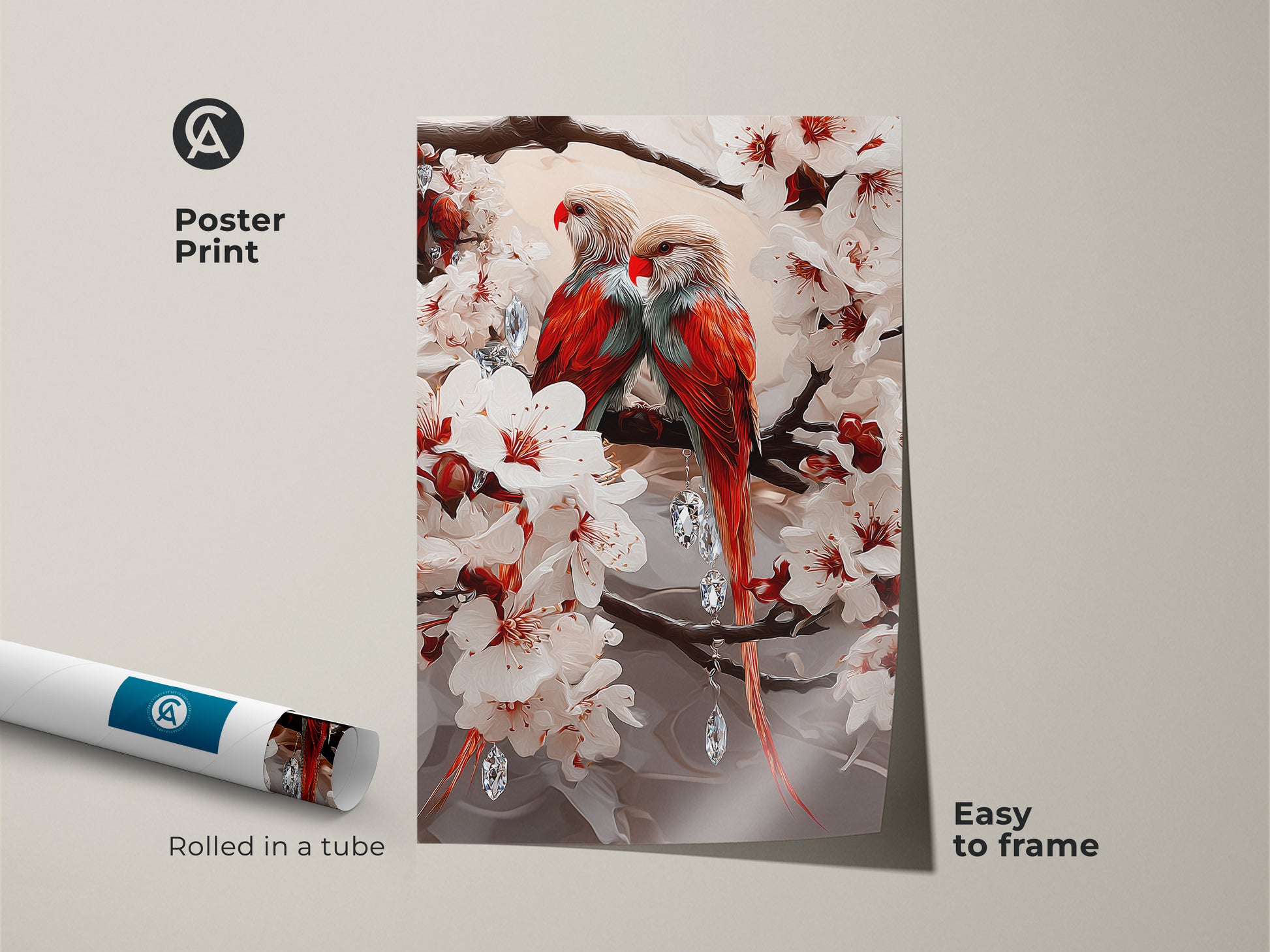 Poster print of vibrant red and orange parrots with cherry blossom. The art print is rolled in a tube for protection. Easy to frame it makes a fine eclectic wall decor. A unique animal art.