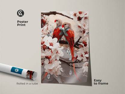 Poster print of vibrant red and orange parrots with cherry blossom. The art print is rolled in a tube for protection. Easy to frame it makes a fine eclectic wall decor. A unique animal art.