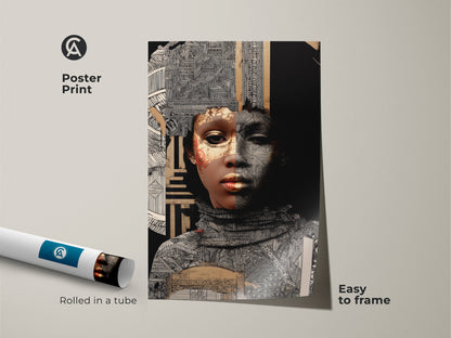 Poster Print of an Abstract Gold Woman Art. This Afrofuturism portrait is rolled in a tube for easy framing. The eclectic mixed media collage art features black white and gold geometric patterns making it a unique wall hanging.