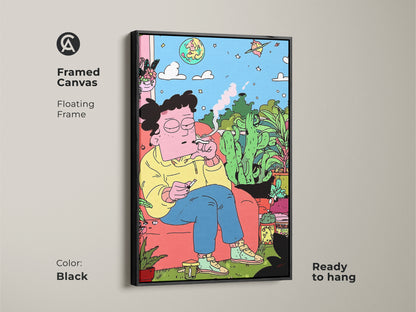 Framed canvas art with a floating frame in black. The artwork displays a person relaxing indoors surrounded by plants smoking. This framed canvas is ready to hang. It brings a modern aesthetic to any room. The black frame enhances the art's vibrant colors.