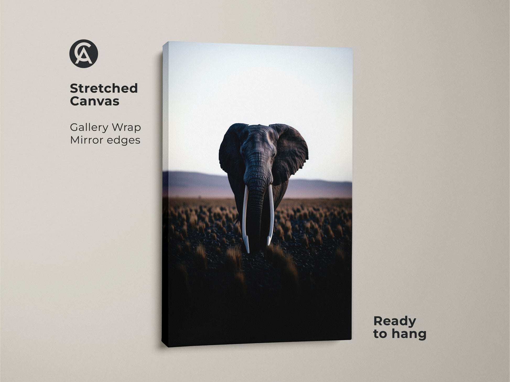 Stretched canvas print featuring a photorealistic elephant. Gallery wrapped with mirrored edges this African wildlife wall art is ready to hang. Enhance your home with this savanna landscape art.