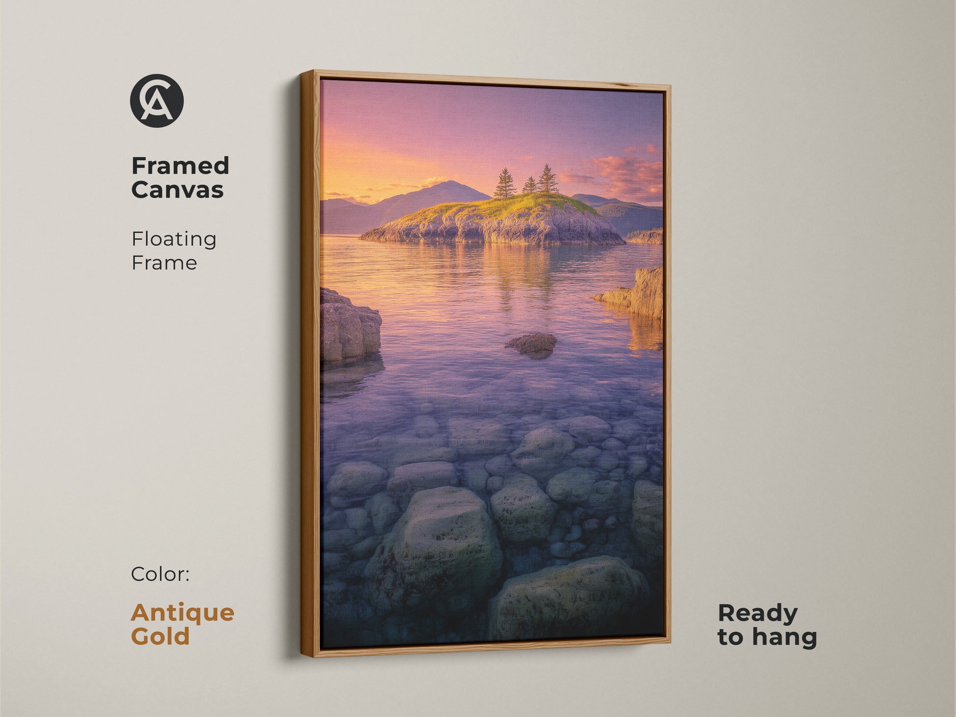 Framed Canvas Island Seascape with an antique gold floating frame. This Coastal Sunset Wall Art features ocean landscape photography. It captures a serene island with trees and a rocky shoreline. The purple orange sky art is ready to hang.