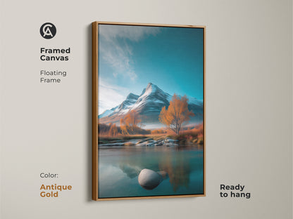 A framed canvas print features a mountain river landscape artwork. The antique gold floating frame accentuates teal blue and amber colors. It's ready to hang rustic decor adding peace to any space.
