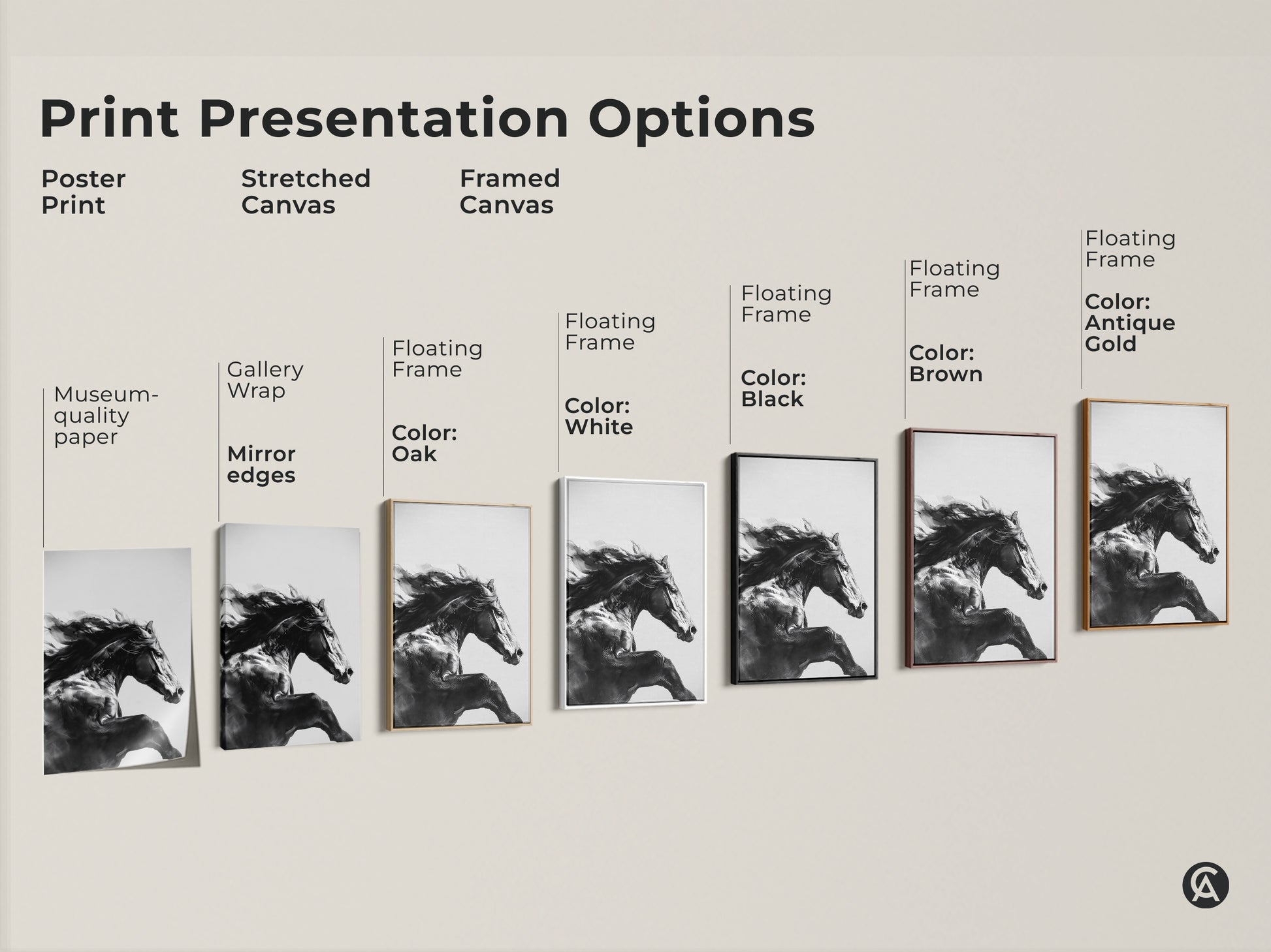 Explore presentation options for this black and white equine art print. Choose from poster print stretched canvas and framed canvas. Floating frames are available in oak white black brown and antique gold. Perfect equine wall art decor for any style and equestrian home decor.