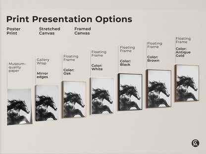 Explore presentation options for this black and white equine art print. Choose from poster print stretched canvas and framed canvas. Floating frames are available in oak white black brown and antique gold. Perfect equine wall art decor for any style and equestrian home decor.