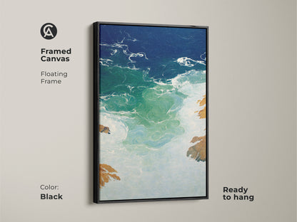 Framed Canvas of abstract ocean waves artwork is ready to hang. The deep blue emerald seascape offers coastal modern wall art for living rooms. This piece of abstract coastline canvas can make a great housewarming gift. It brings an emerald green ocean print perfect for coastal home decor art. This teal blue wave artwork is stunning.