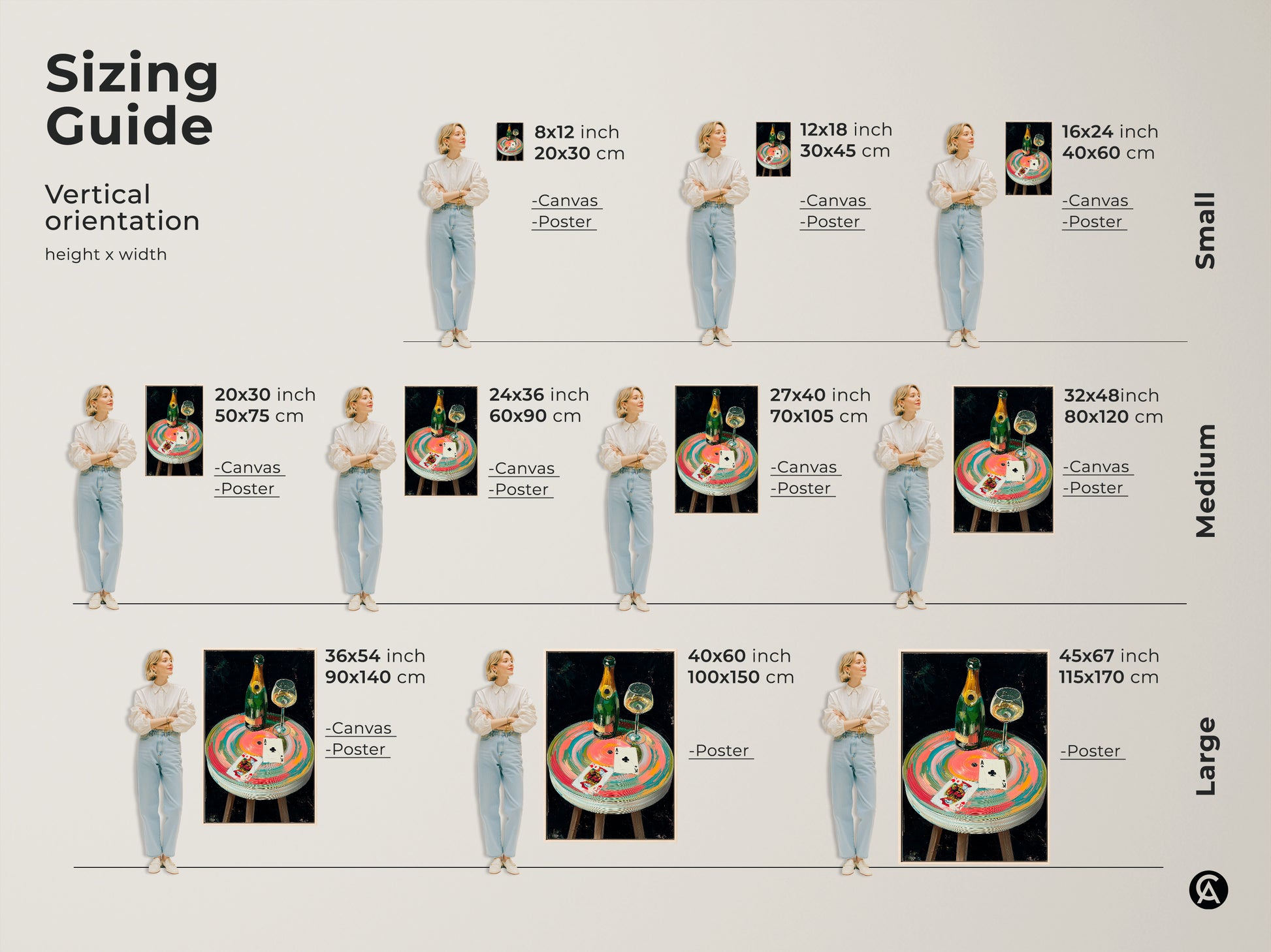 Sizing guide for the champagne bottle wall art. Visualize the artwork in various sizes. Perfect for creating a modern eclectic wall with a gambling theme art.