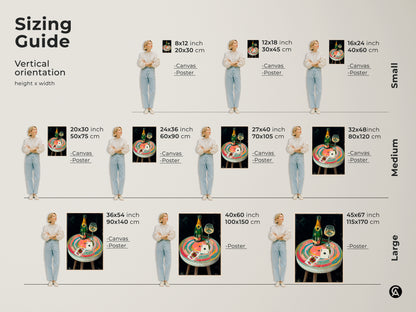 Sizing guide for the champagne bottle wall art. Visualize the artwork in various sizes. Perfect for creating a modern eclectic wall with a gambling theme art.