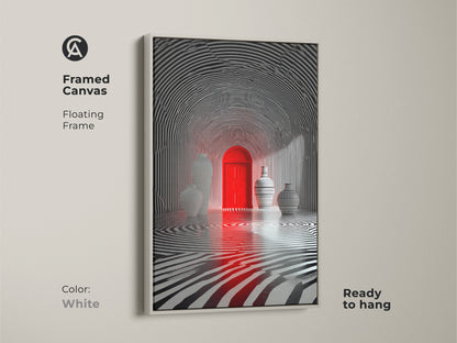 Framed canvas with a floating frame enhances this optical illusion art. A red door stands out in a zebra striped tunnel. Vases add depth. The white frame makes it ready to hang in any modern space.