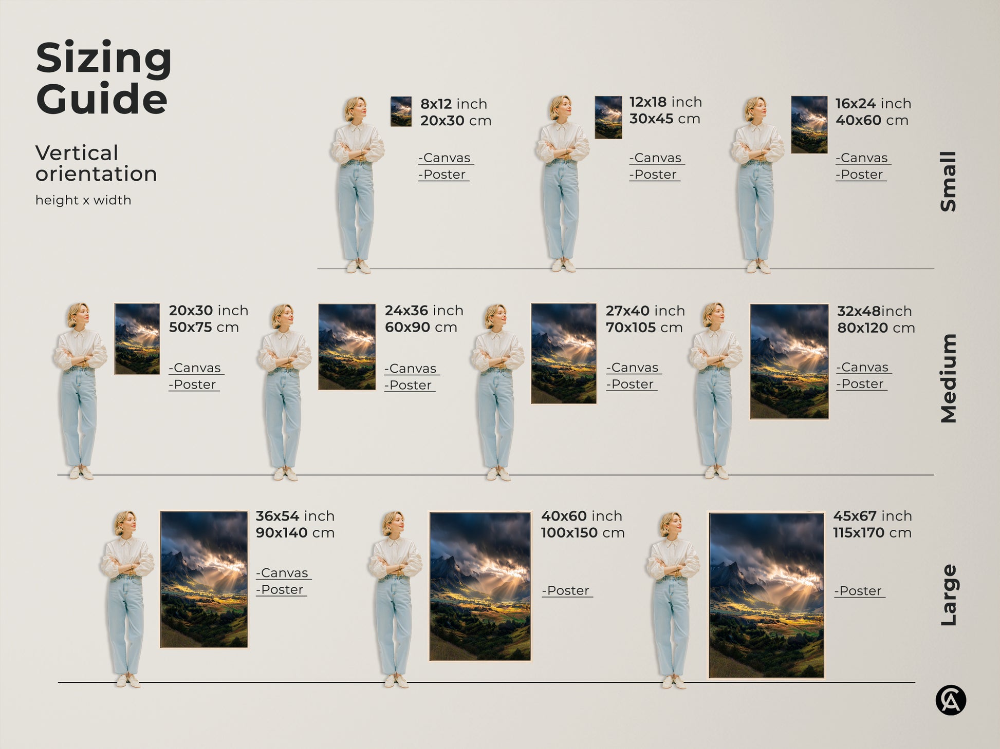 Sizing guide for vertical mountain valley canvas and poster artwork. Available in small medium and large sizes. Find the perfect fit for your wall decor needs. Enhance your home with this golden sunbeams landscape.
