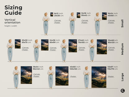Sizing guide for vertical mountain valley canvas and poster artwork. Available in small medium and large sizes. Find the perfect fit for your wall decor needs. Enhance your home with this golden sunbeams landscape.