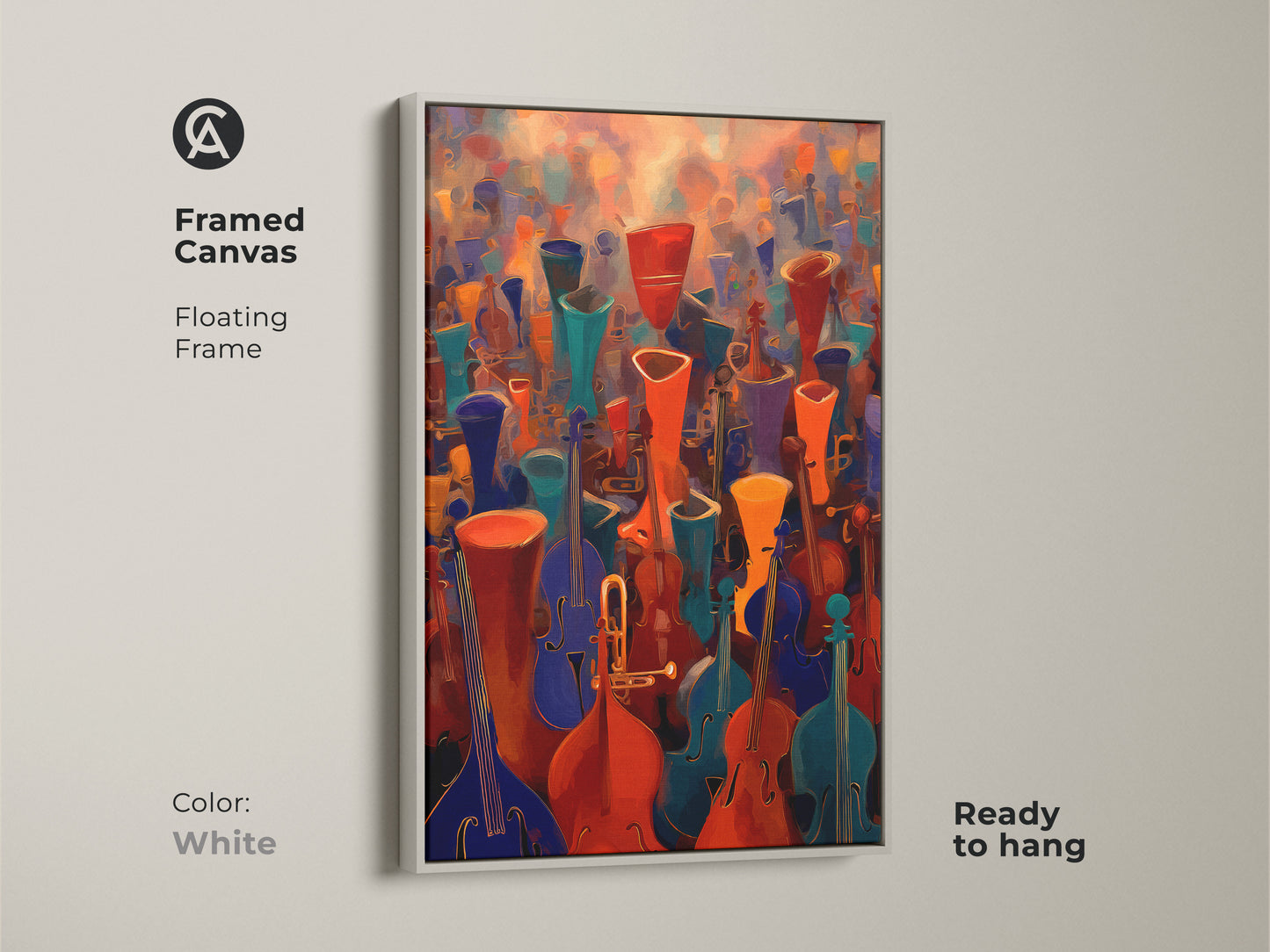 Framed Canvas featuring abstract music wall art. The white floating frame enhances the violin cello canvas print. Orchestra artwork with red orange teal art. This unique housewarming present is ready to hang