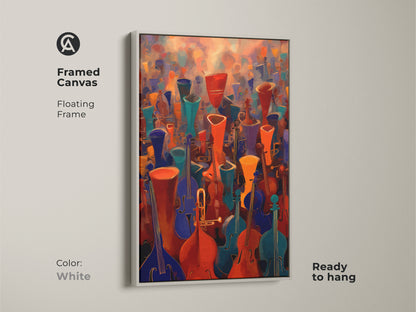 Framed Canvas featuring abstract music wall art. The white floating frame enhances the violin cello canvas print. Orchestra artwork with red orange teal art. This unique housewarming present is ready to hang
