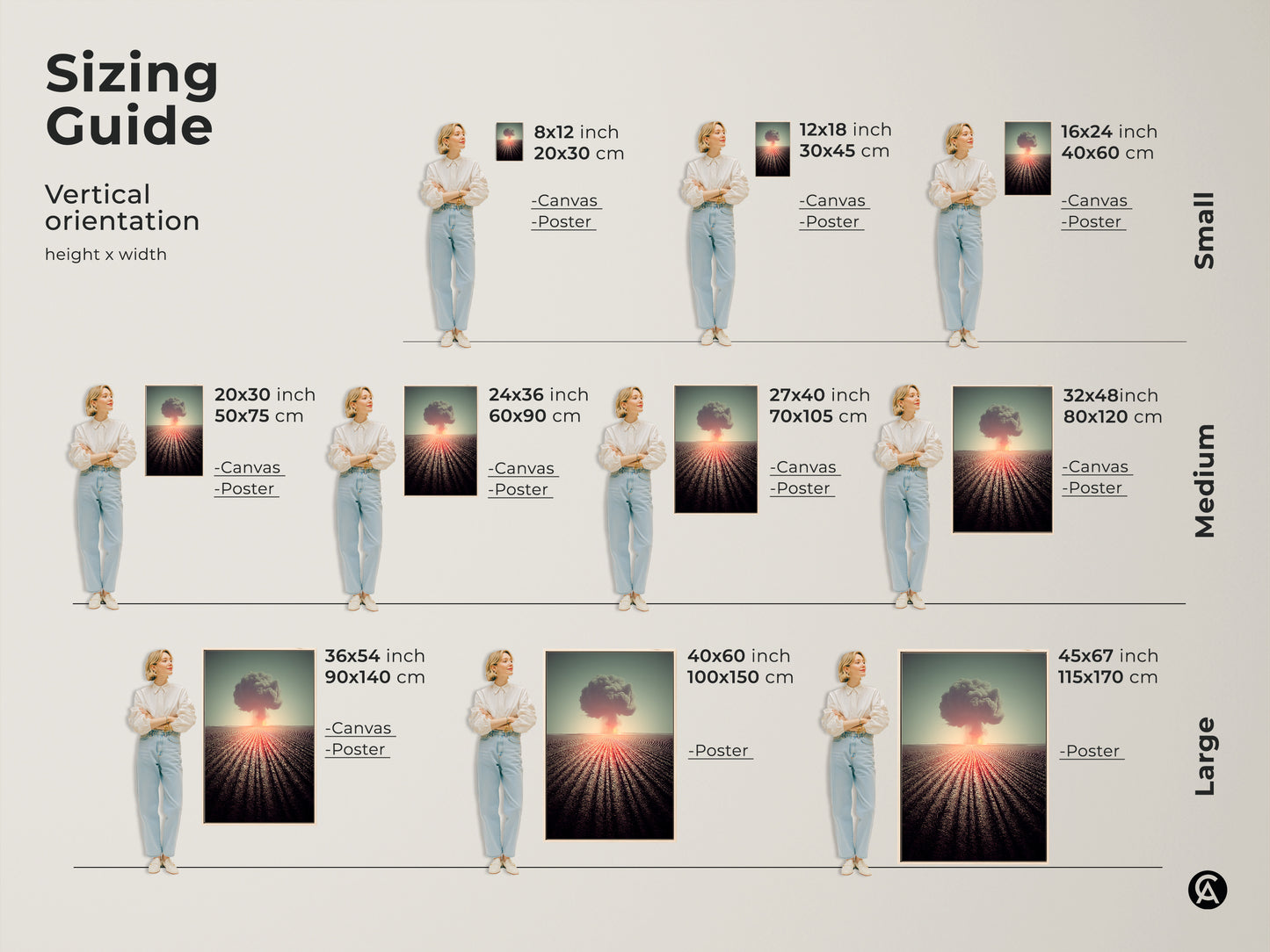 Discover vertical orientation sizing for surreal nuclear explosion art. Choose from small medium or large sizes. Options include canvas and poster prints. Find the perfect fit for your space. The art brings a dramatic landscape to your walls. Ideal study room decor or a unique art gift.