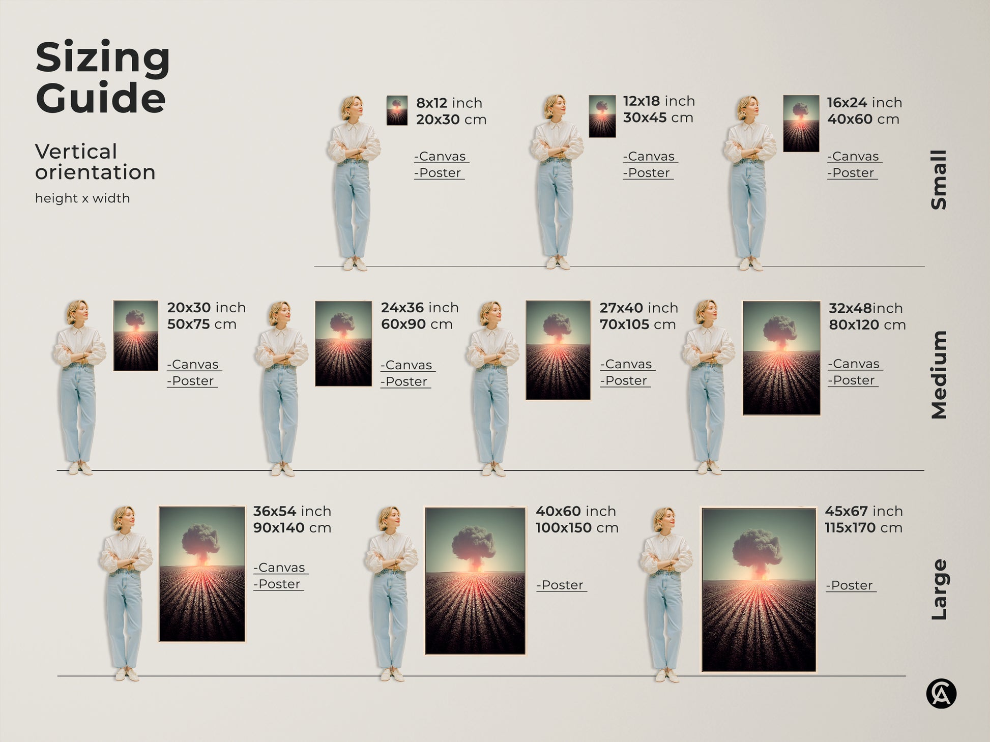 Discover vertical orientation sizing for surreal nuclear explosion art. Choose from small medium or large sizes. Options include canvas and poster prints. Find the perfect fit for your space. The art brings a dramatic landscape to your walls. Ideal study room decor or a unique art gift.