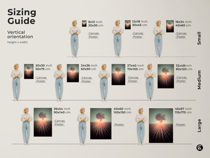 Discover vertical orientation sizing for surreal nuclear explosion art. Choose from small medium or large sizes. Options include canvas and poster prints. Find the perfect fit for your space. The art brings a dramatic landscape to your walls. Ideal study room decor or a unique art gift.