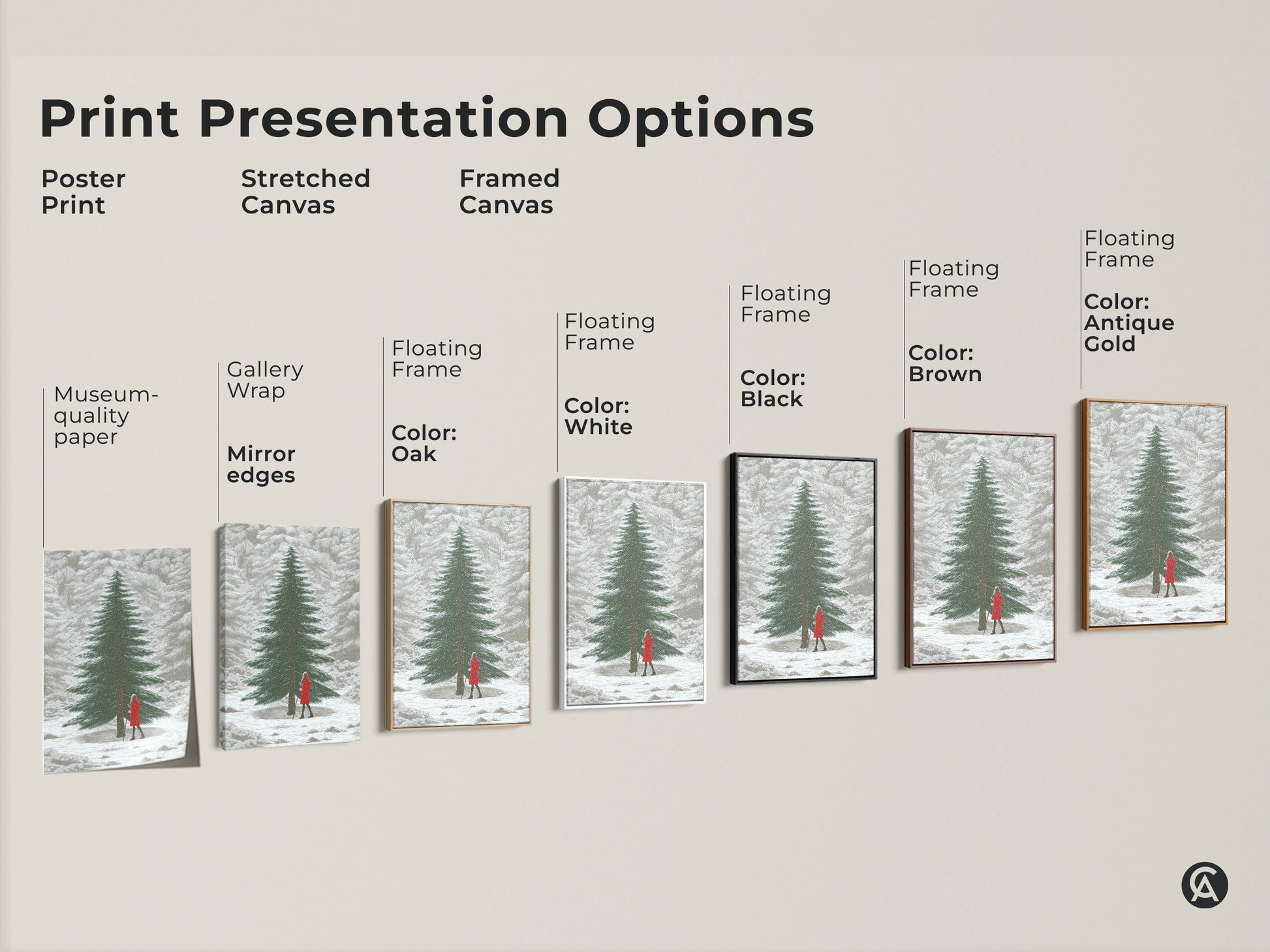 Explore print presentation options for winter forest artwork. Choose from poster prints stretched canvas or framed canvas. This snowy landscape art featuring a woman in red offers versatile decor.