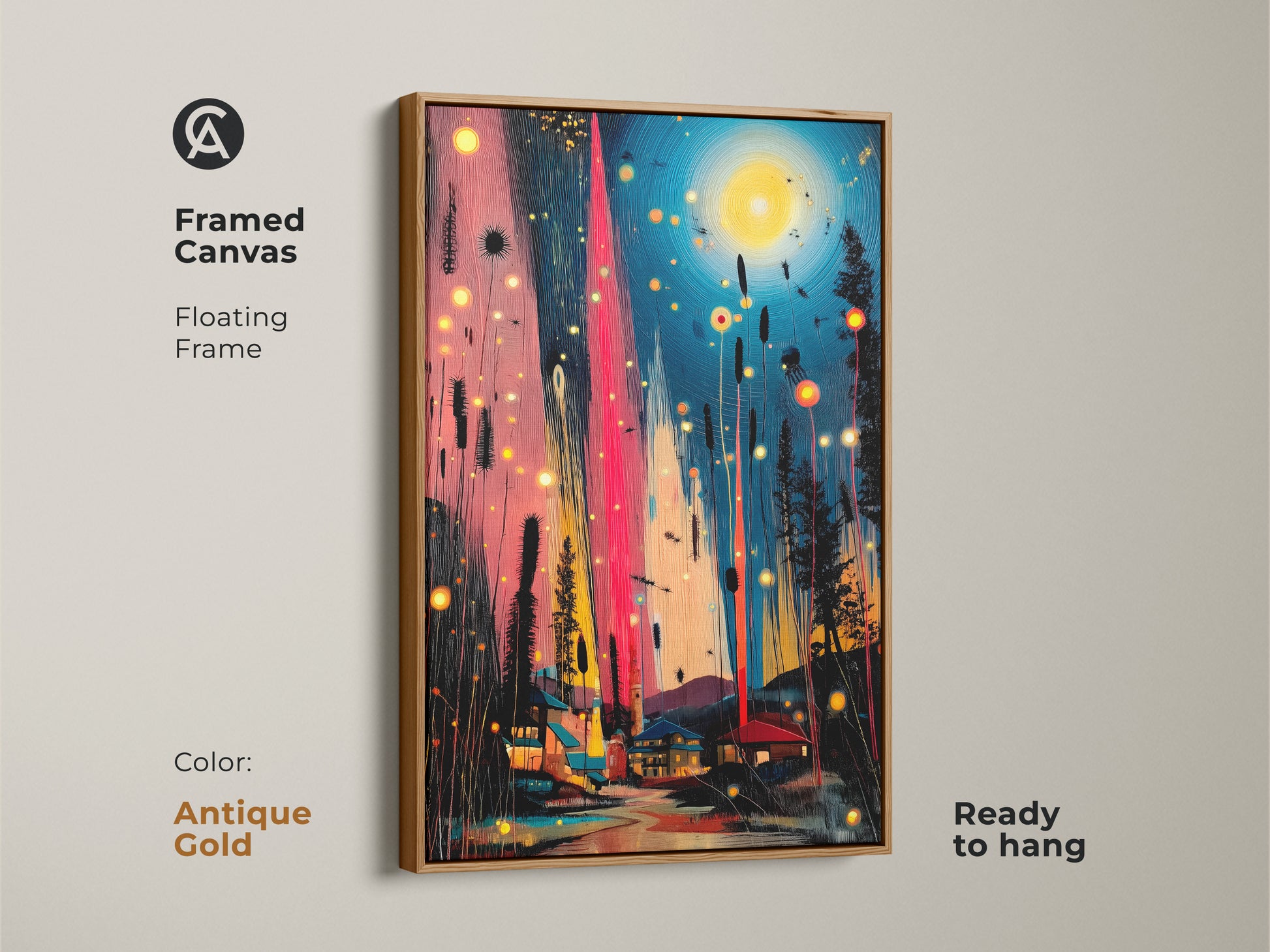 Framed canvas in antique gold featuring abstract teal and pink art. The floating frame accentuates the village night scene. Ready to hang this artwork enhances eclectic interiors with color and charm.
