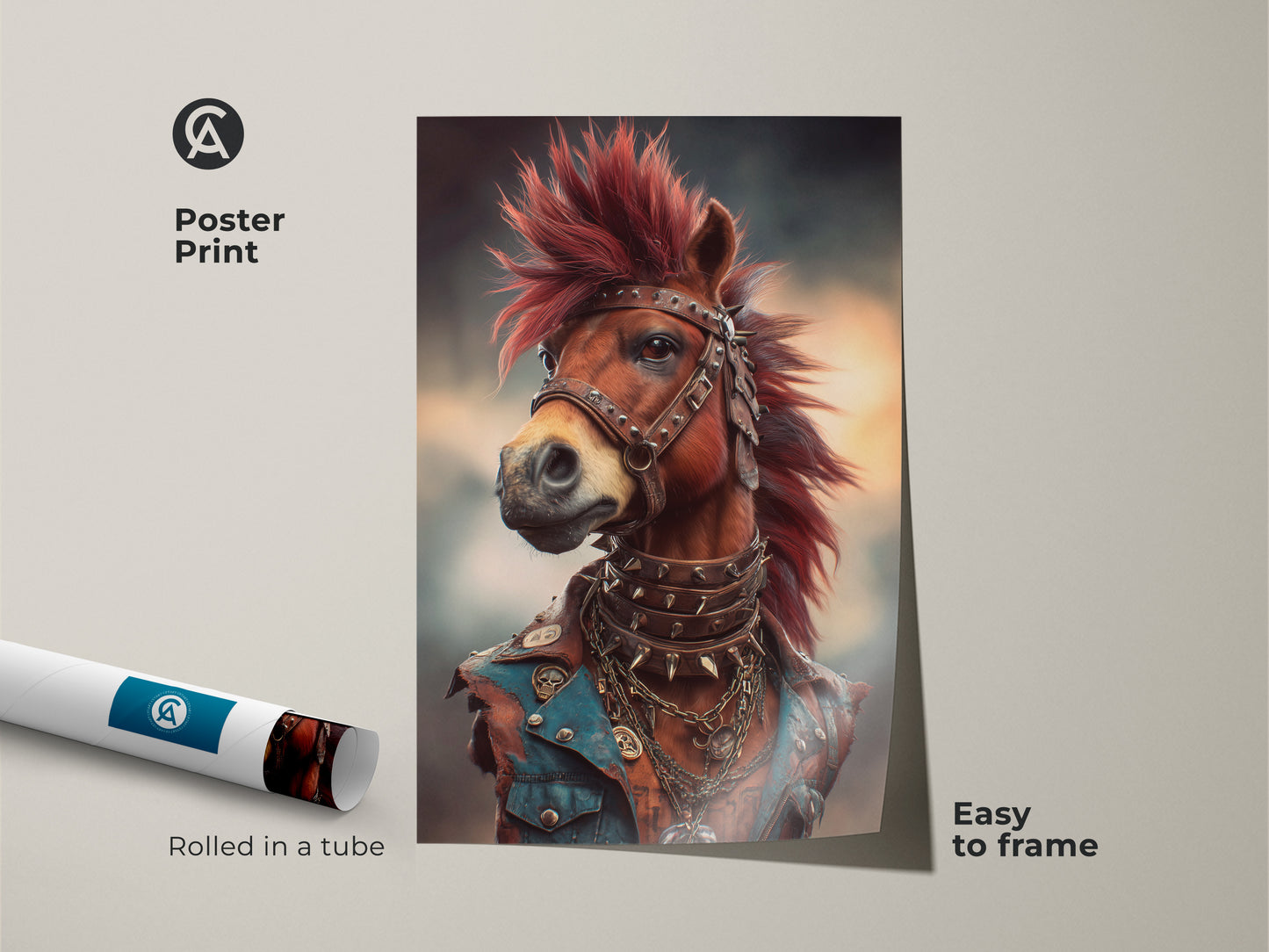 Poster Print showing a rebellious horse wall art with red mohawk. This punk rock horse is easy to frame. The gothic horse art is rolled in a tube. This unique animal art print is perfect for rock music fans