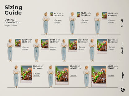 Sizing guide for the chef and taco artwork. See how the vertical orientation fits in different sizes. Options include canvas and poster prints. Choose the perfect dimensions to complement your space. Visualize the artwork in your home today.
